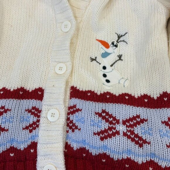 Disney Store Kids Olaf Hooded Cardigan Sweater 5/6 Red & White Knit With Snowfla - Picture 2 of 4